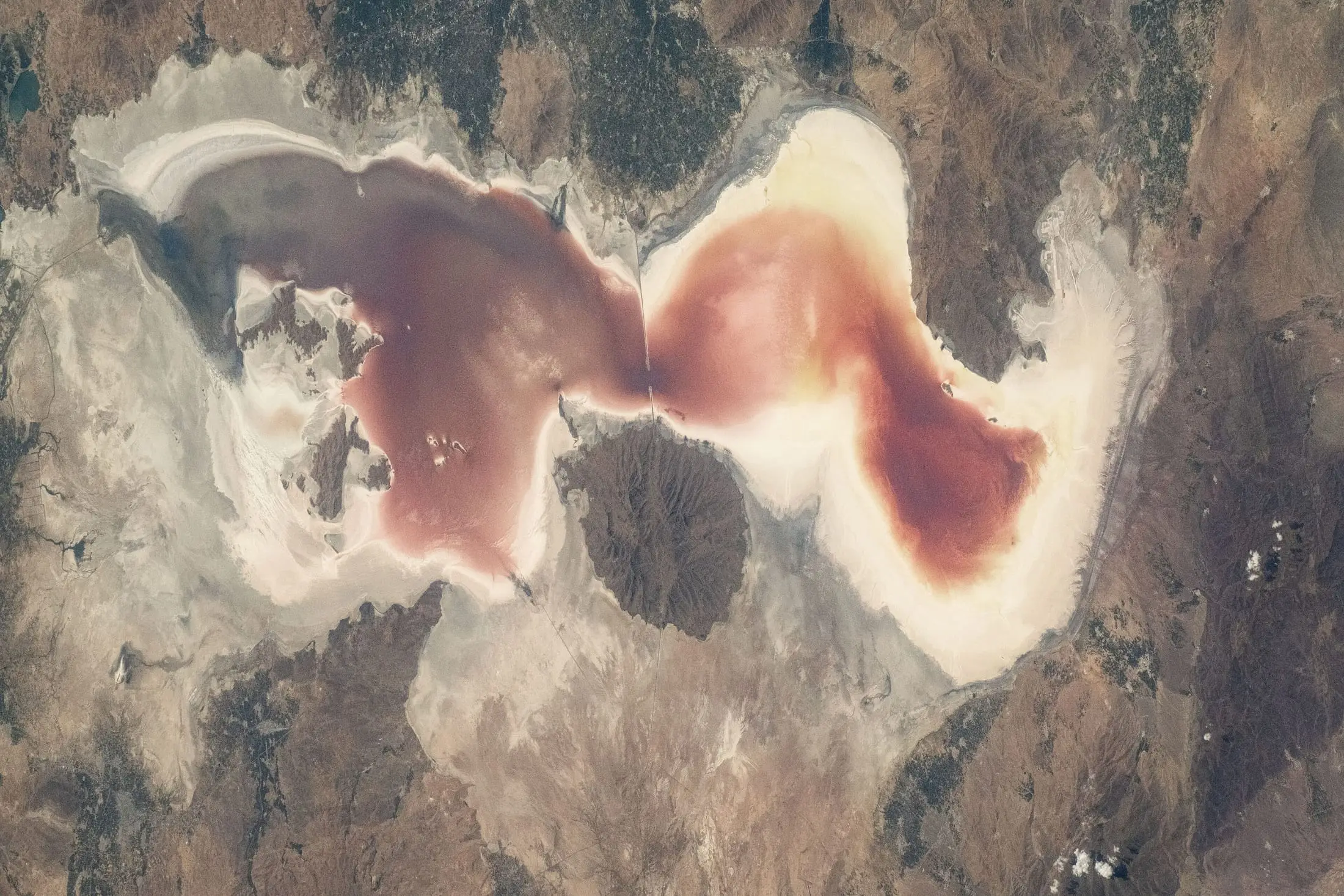 Lake Urmia seen from the International Space Station: red and pink brine surrounded by white salt flats.